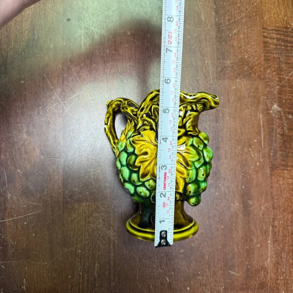 Vintage Japan Ceramic Grape Pitcher Small Green Gold Majolica Style 5.5in